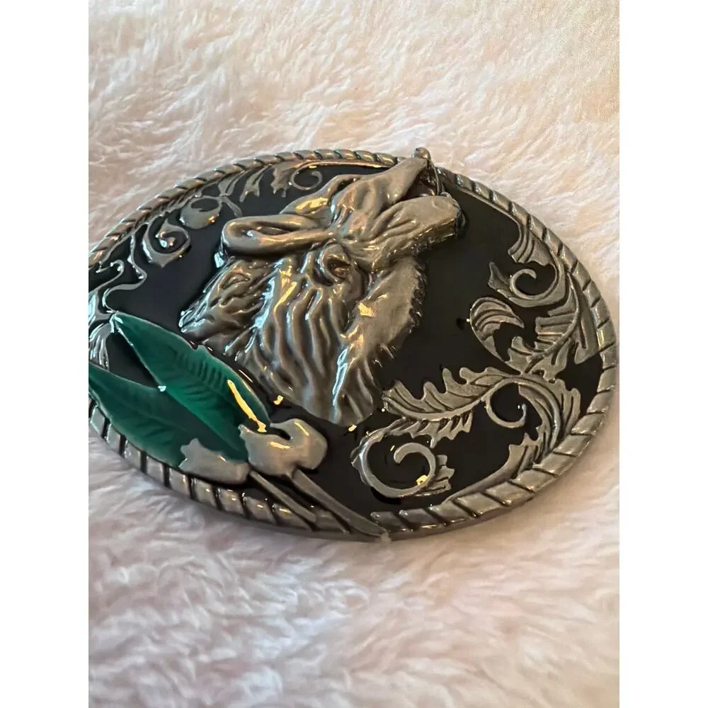 Vintage Western Horse Head Belt Buckle Black Enamel Green Feather Silver Tone